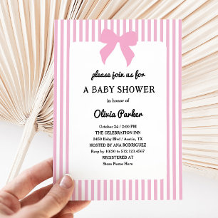 Invitation Rayures roses et joli nœud Baby Shower