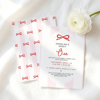 Invitation Rayures roses et nœud rouge pour le premier annive