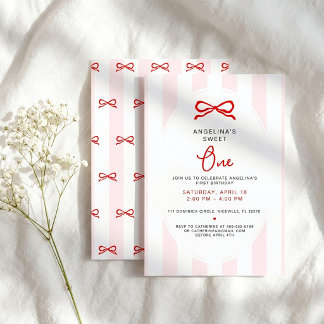 Invitation Rayures roses et nœud rouge pour le premier annive