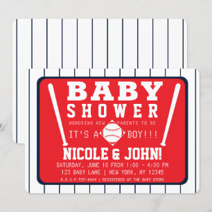Invitation Rayures rouges bleues et blanches Baseball Baby Sh