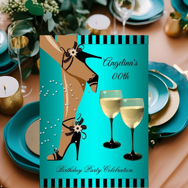 Invitation Rayures sarcelle Chaussures noires Verre à vin Fêt (Créateur téléchargé)