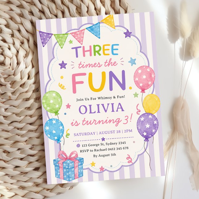 Invitation Rayures Trois Fois Plus De Plaisir Anniversaire Co (Créateur téléchargé)