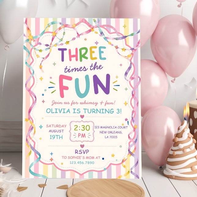 Invitation Rayures Trois Fois Plus De Plaisir Anniversaire Co (Créateur téléchargé)