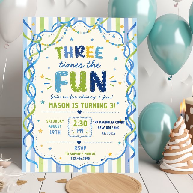 Invitation Rayures Trois Fois Plus De Plaisir Anniversaire Co (Créateur téléchargé)
