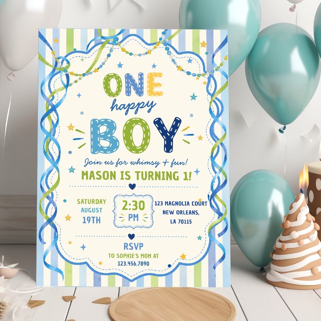 Invitation Rayures Un Garçon Heureux Anniversaire Coloré (Créateur téléchargé)