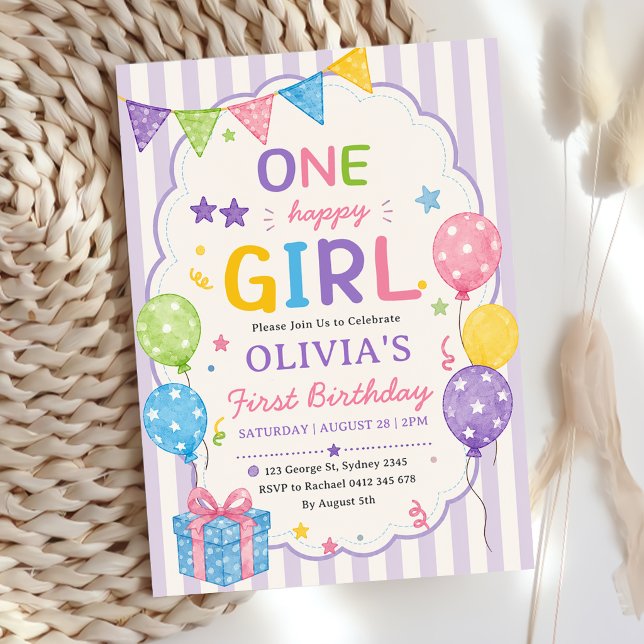 Invitation Rayures Une Fille Heureuse Anniversaire Coloré (Créateur téléchargé)