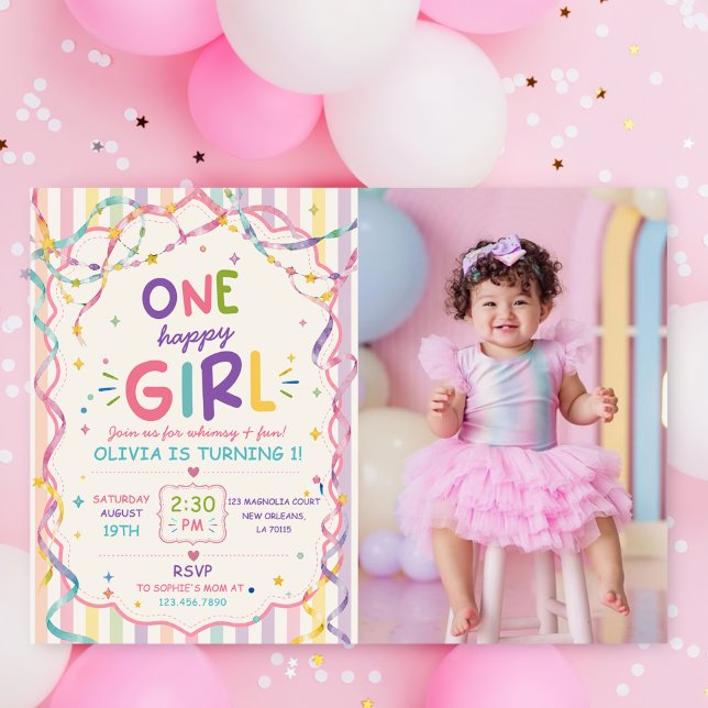 Invitation Rayures Une Fille Heureuse Anniversaire Coloré (Créateur téléchargé)