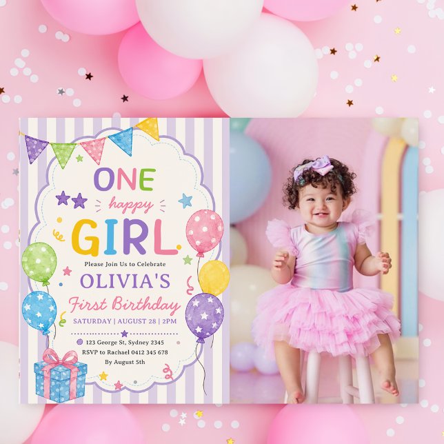 Invitation Rayures Une Fille Heureuse Anniversaire Coloré (Créateur téléchargé)