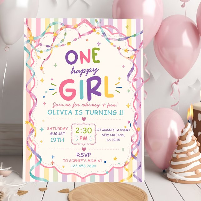 Invitation Rayures Une Fille Heureuse Anniversaire Coloré (Créateur téléchargé)