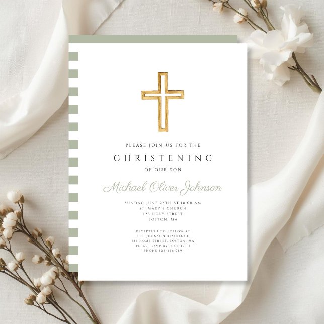 Invitation Rayures Vert Sauge Croix Religieuse Baptême (Sage Green Stripes Religious Cross Christening Invitation)