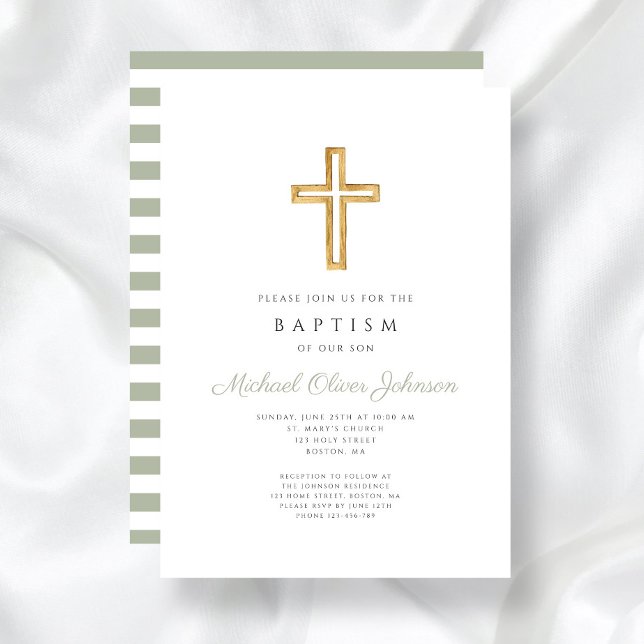 Invitation Rayures Vert Sauge Croix Religieuse Baptême  (Sage Green Stripes Religious Wood Cross Baptism Invitation)