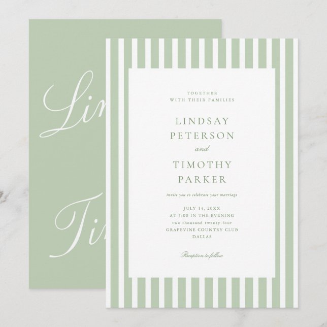 Invitation Rayures Vert Sauge Été Mariage Classique  (Devant / Derrière)
