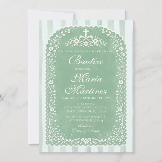 Invitation Rayures Vert Sauge Fille Espagnole Bautizo Talaver (Devant)