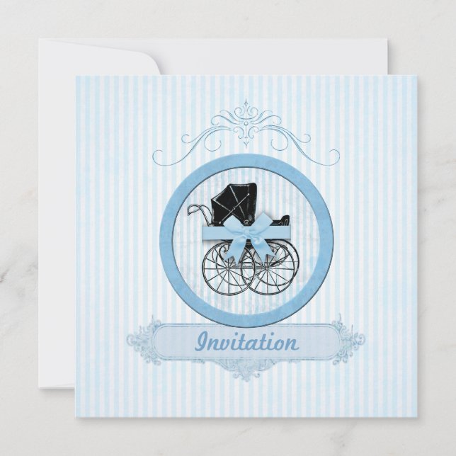 Invitation Rayures vintages minables de baby shower bleu (Devant)