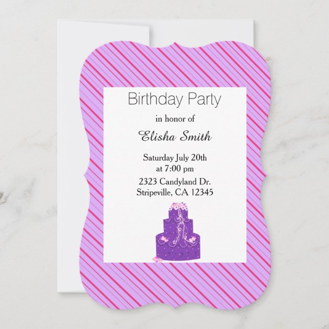 Invitation rayures violettes et gâteau d'anniversa (Devant)