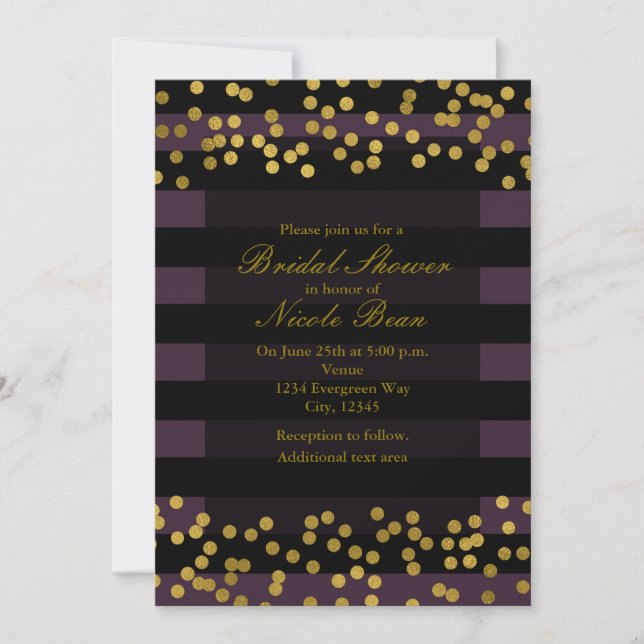 Invitation Rayures violettes et noires points en feuille doré (Devant)