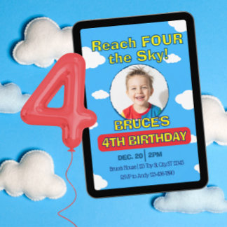 Invitation Reach FOUR the Sky, Picture Clouds 4th Birthday