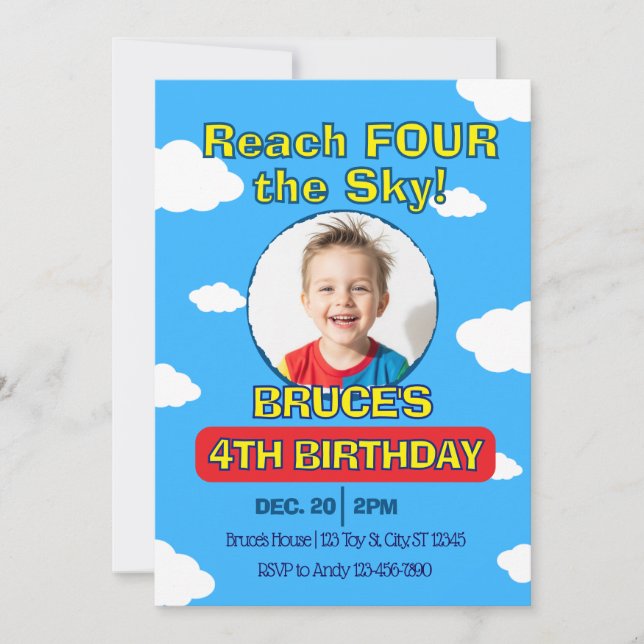 Invitation Reach FOUR the Sky, Picture Clouds 4th Birthday (Devant)