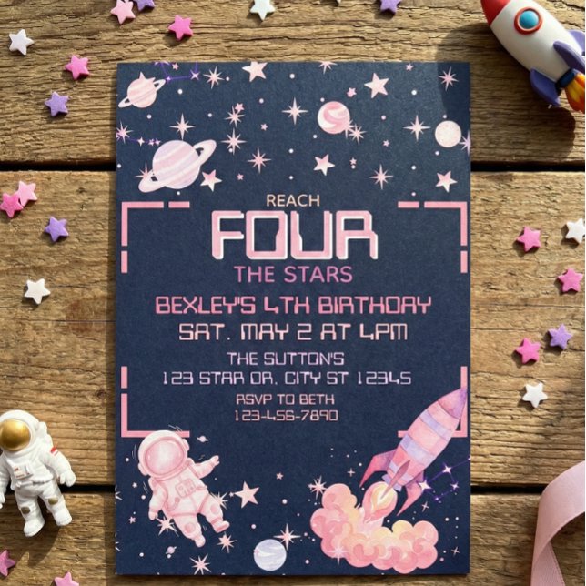 Invitation Reach Four the Stars Pink Space 4th Birthday (Créateur téléchargé)