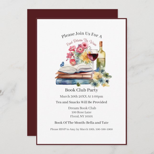 Invitation Read Between Wines, Book Club (Devant / Derrière)