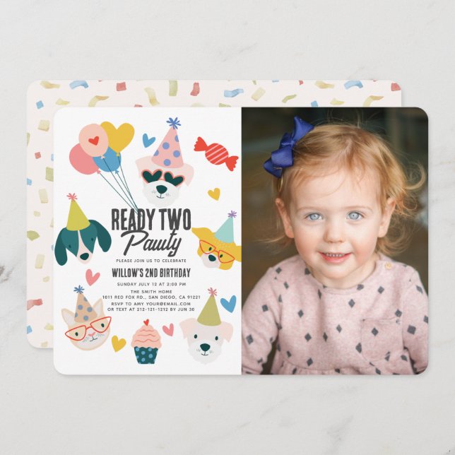 Invitation Ready Two Pawty Dogs & Cat Photo 2e anniversaire (Devant / Derrière)