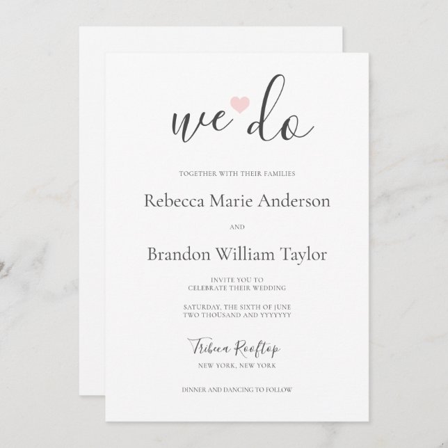 Invitation Rebecca Simple Modern We Do & Pink Heart Mariage (Devant / Derrière)