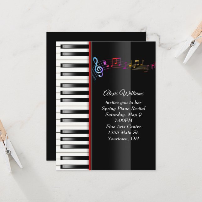 Invitation Récapitulatif de piano avec Rainbow Music Notes (Devant/Arrière en situation)