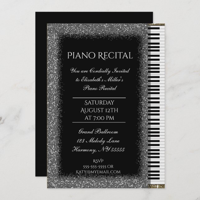 Invitation Récapitulatif piano avec Parties scintillant argen (Devant / Derrière)