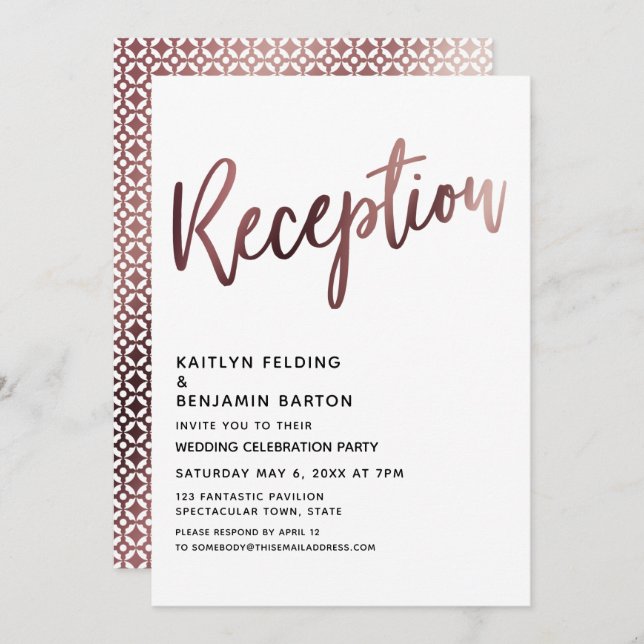 Invitation Réception après Rose Mariage Typographie Or (Devant / Derrière)