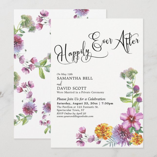 Invitation Réception aquarelle de fleurs sauvages pour une fi (Devant / Derrière)