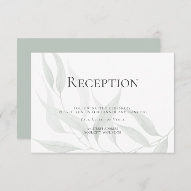 Invitation Réception | Aquarelle Dusty Sage Foliage de bois (Devant / Derrière)