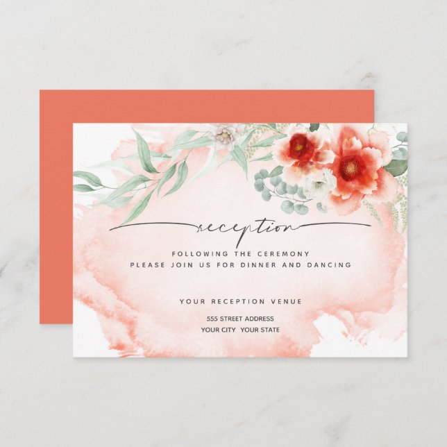 Invitation Réception | Aquarelle Fleurs de corail (Devant / Derrière)