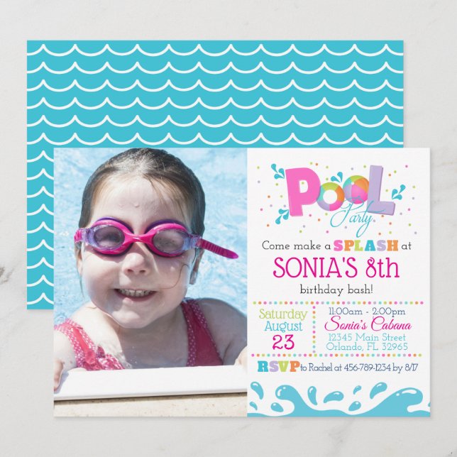 Invitation Réception au bord de la piscine rose Invitaiton - (Devant / Derrière)