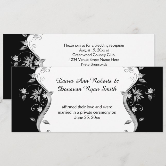Invitation Réception aux fleurs d'argent ornées noires (Devant / Derrière)