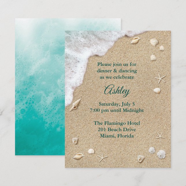 Invitation Réception Bat mitzvah Turquoise Beach Waves (Devant / Derrière)