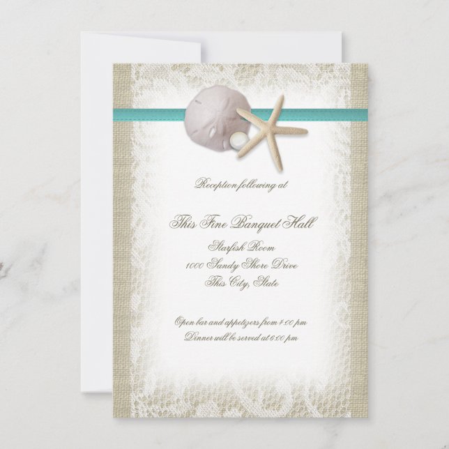 Invitation Réception Beach Pearl et Lace Aqua (Devant)