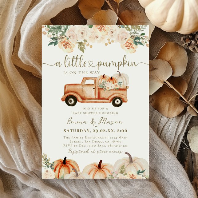 Invitation Réception Bébé Neutre Automne Orange Camion Citrou (Créateur téléchargé)