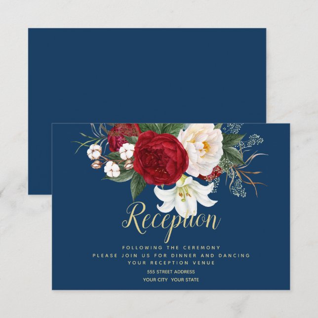 Invitation Réception | Bleu de marine avec des pivoines rouge (Devant / Derrière)