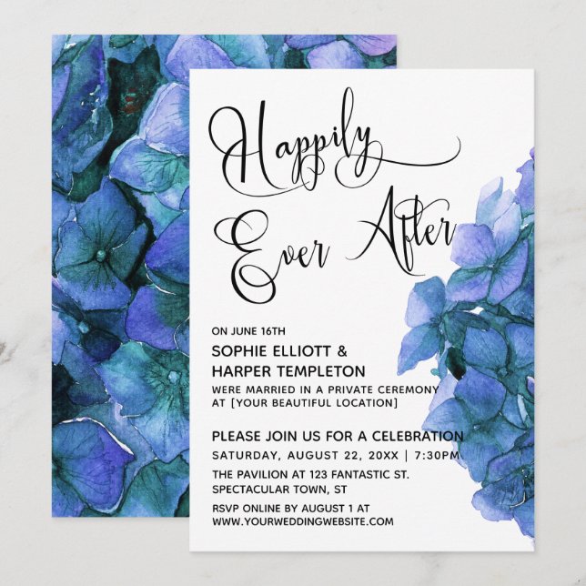 Invitation Réception Blue Hydrangea Happily Ever After (Devant / Derrière)