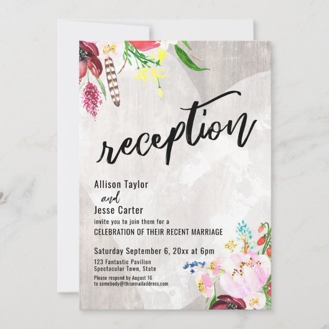 Invitation Réception Bois Rustique Floral Boho Coeur (Devant)