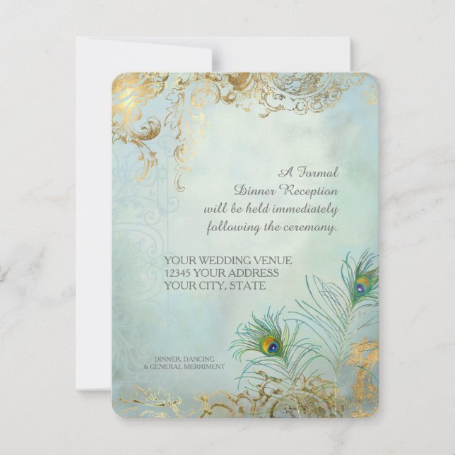 Invitation Réception de dîner Paon Élégant Mariage Plumes (Devant)
