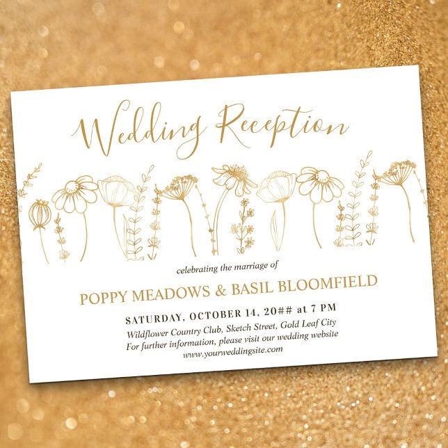 Invitation Réception de mariage à fleurs sauvages - Esquisse  (Wedding Reception only invitation in White & Gold, from my Wildflower Sketch collection)