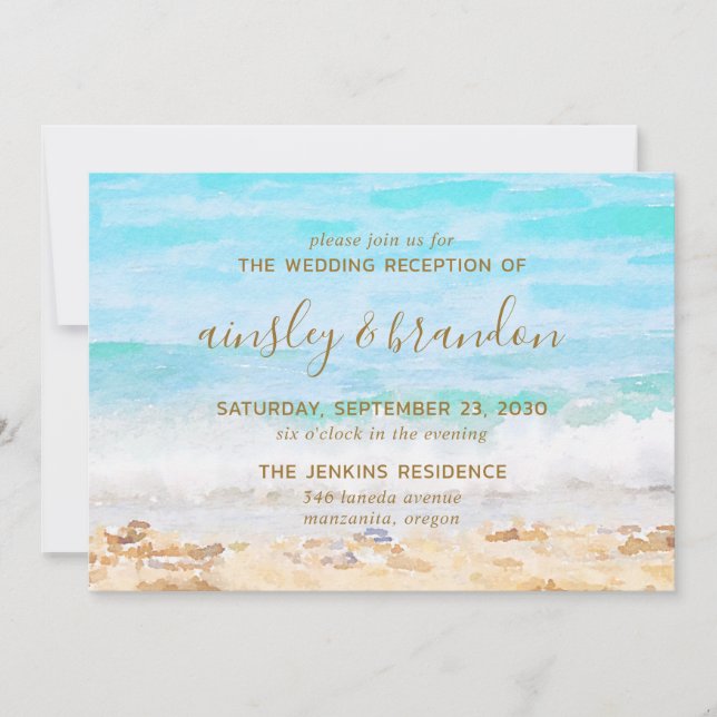 Invitation Réception de mariage à l'aquarelle de plage (Devant)