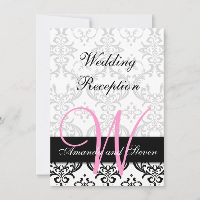 Invitation Réception de mariage à monogramme rose damassé jol (Devant)