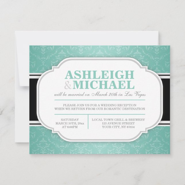 Invitation Réception de mariage à motif damassé gris et sarce (Devant)
