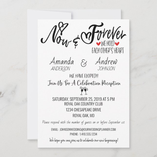 Invitation Réception de mariage après fugue et fête après la  (Devant)