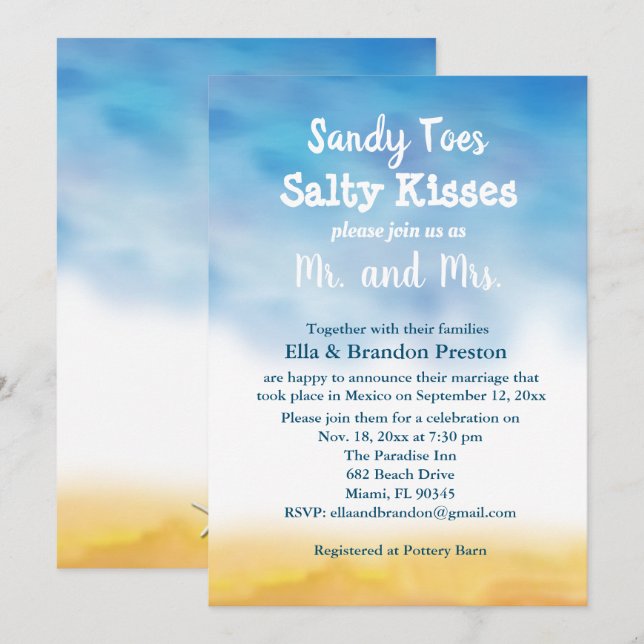 Invitation Réception de mariage après Sandy Toes à l'aquarell (Devant / Derrière)