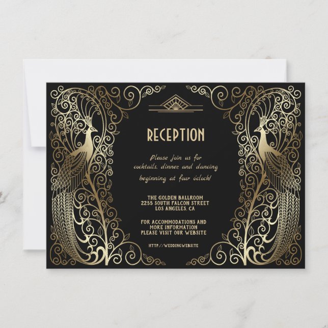 Invitation Réception de mariage Art Déco Glam Gold Paons (Devant)