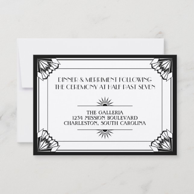 Invitation Réception de mariage art déco noir de l'âge du jaz (Devant)