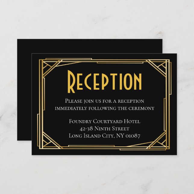 Invitation Réception de mariage Art Déco noir et or Gatsby le (Devant / Derrière)